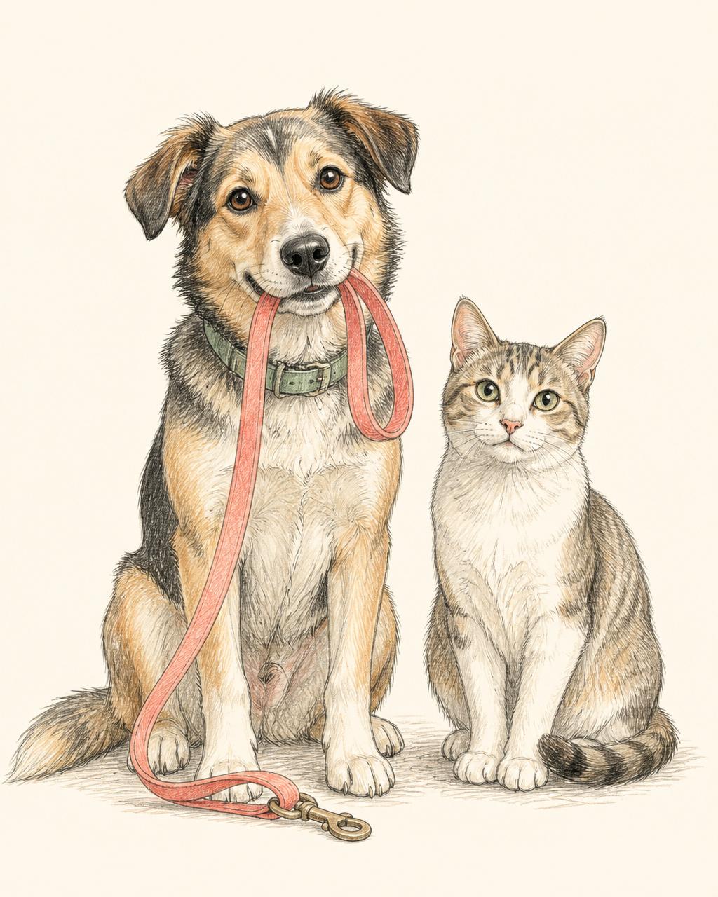 Ilustração de cachorro e gato representando clínica veterinária